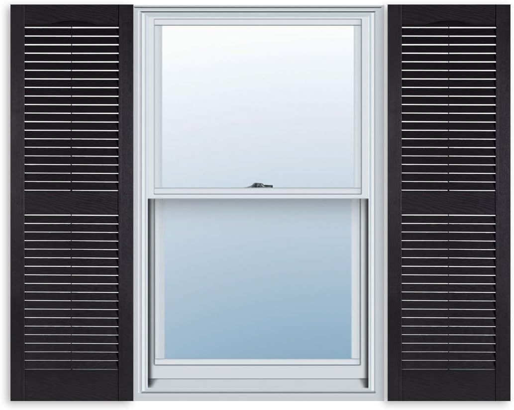 Black open-louver shutters with a curved top on both sides of a double-hung window