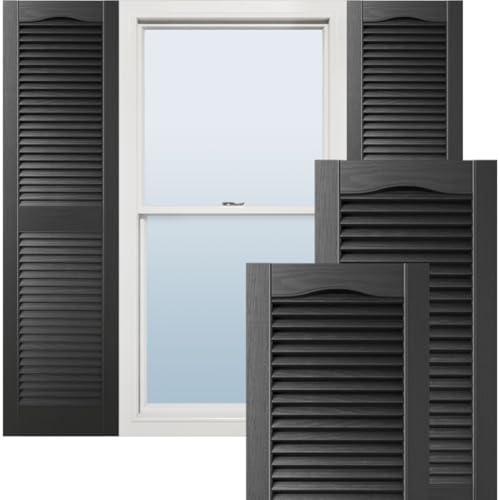 Black open-louver shutters with a curved top, shown beside a window and as loose panels