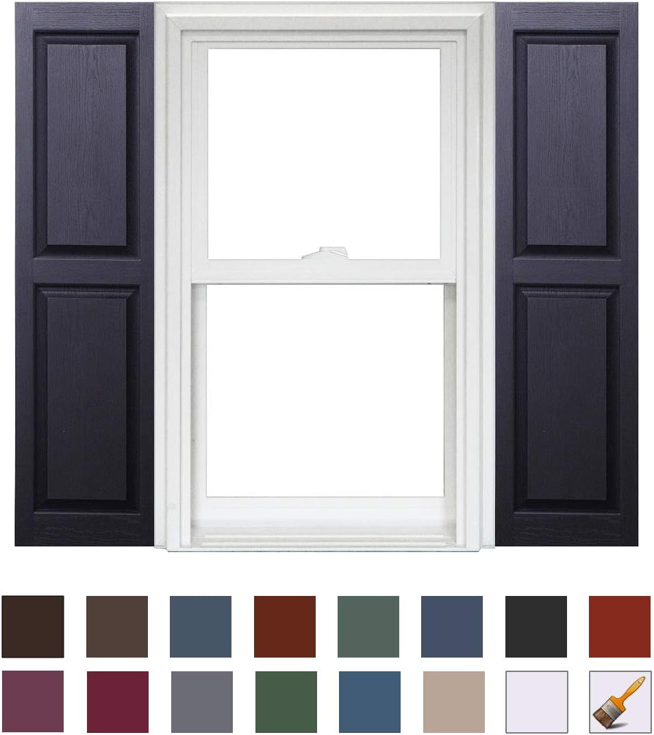 Black raised-panel shutters flanking a double-hung window, with a row of color swatches