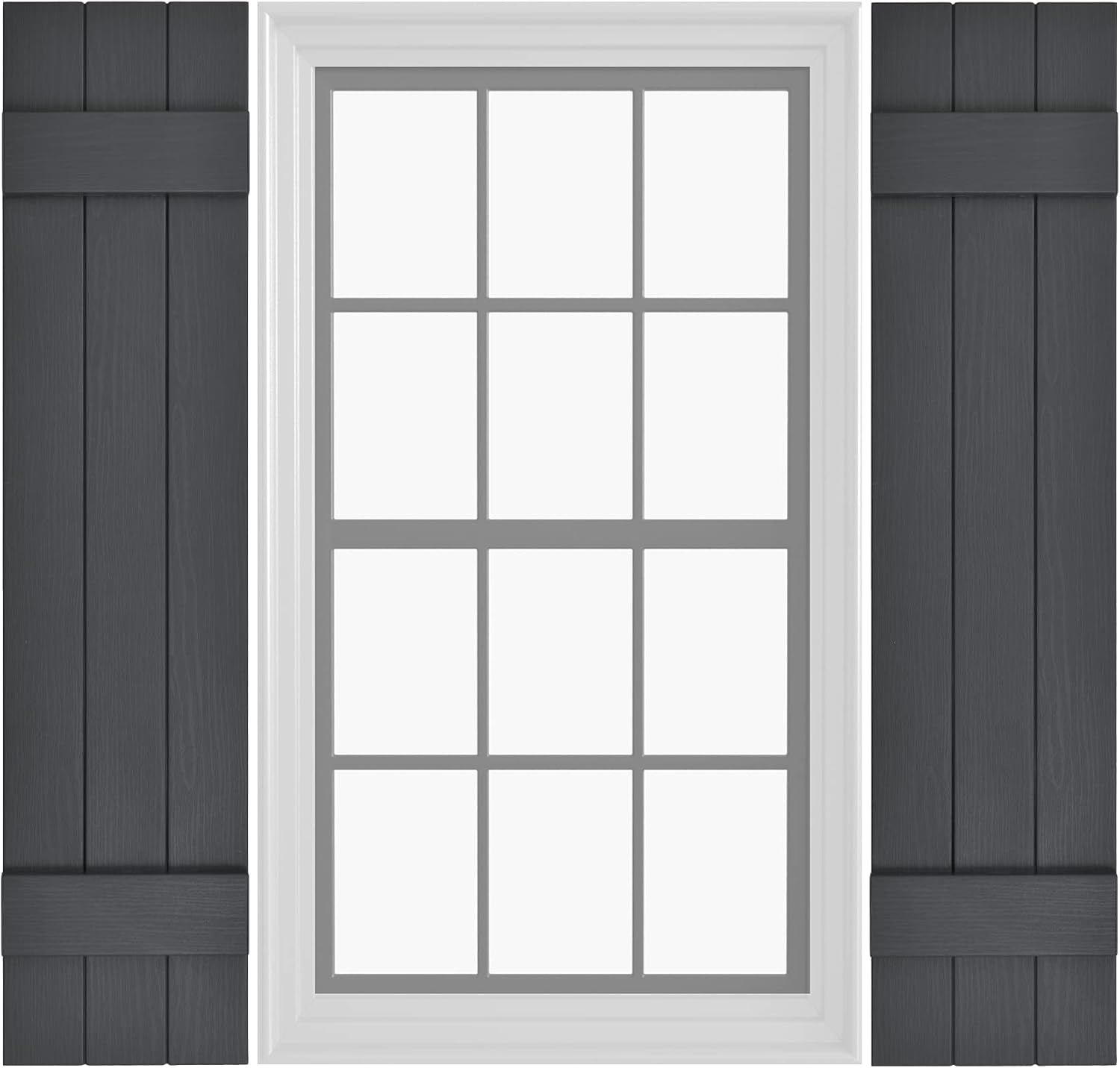 Grey three-board batten shutters flanking a gridded window