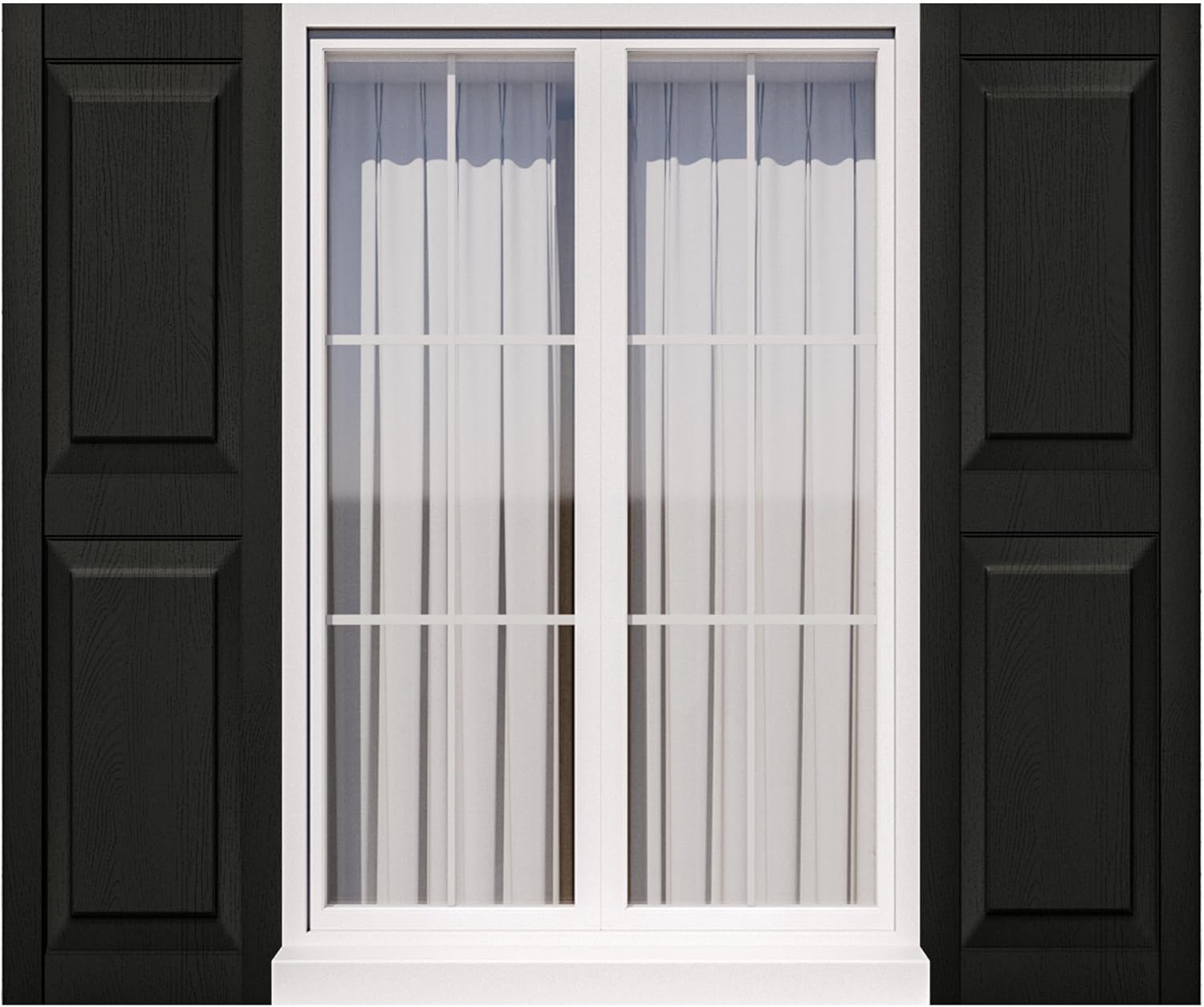 Black raised-panel shutters on either side of a white-trimmed window